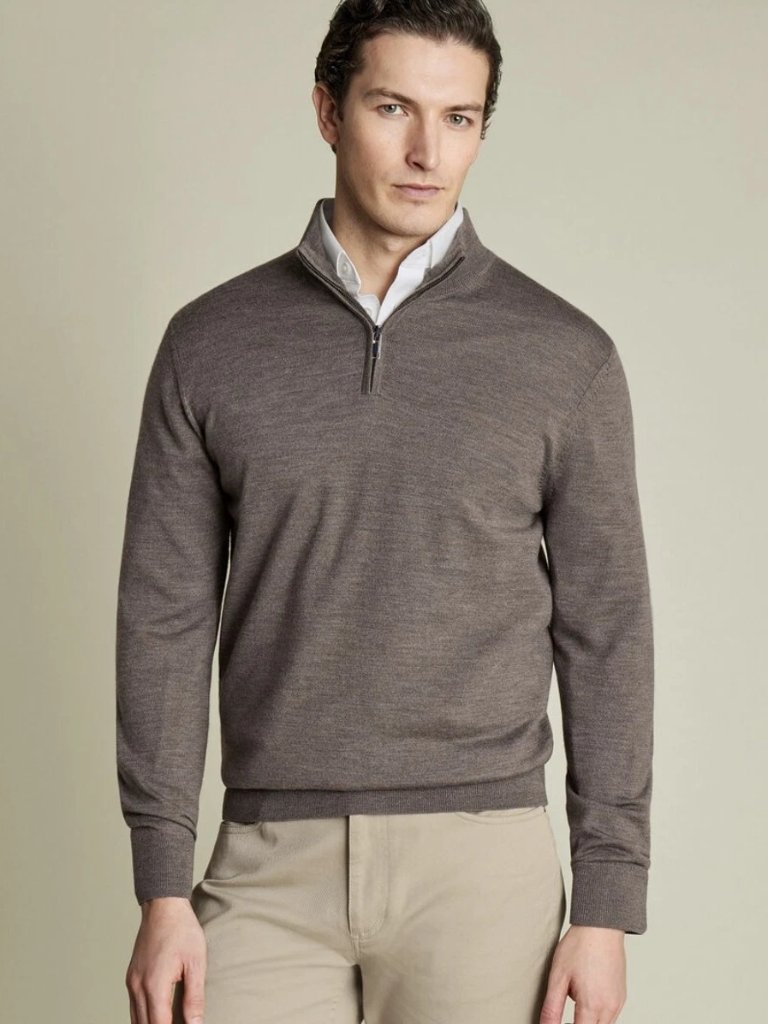 Charles Tyrwhitt Merino Wool Sweater Mens Xxl Brown 1/4 Zip Mock Neck Pullover